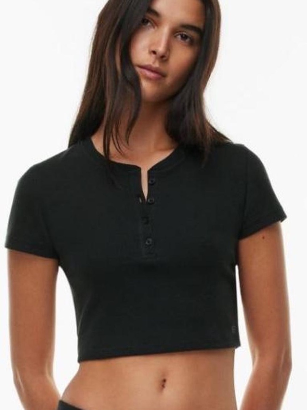 ARITZIA Sunday Best Black Cropped Waffle-Stretch Knit Baby Tee Size Small
